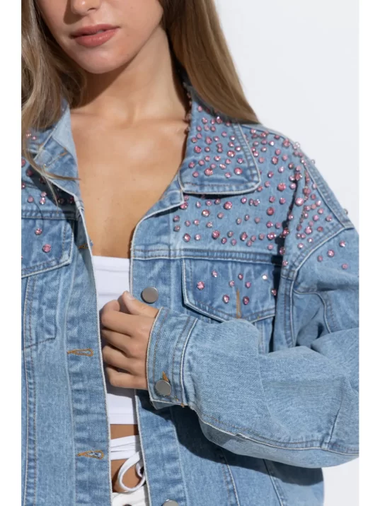 Pink Embellished Gem Studded Denim Jacket - Image 3