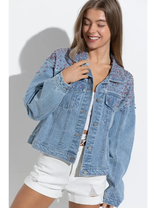 Pink Embellished Gem Studded Denim Jacket - Image 4