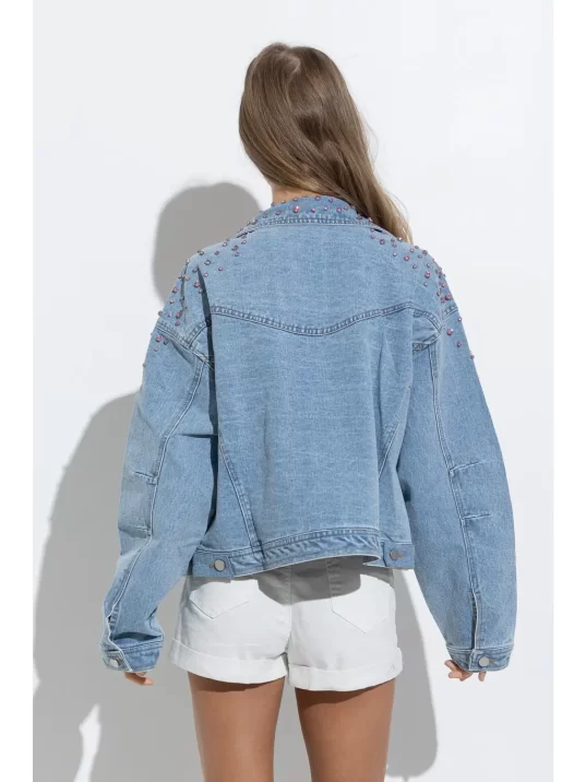 Pink Embellished Gem Studded Denim Jacket - Image 2